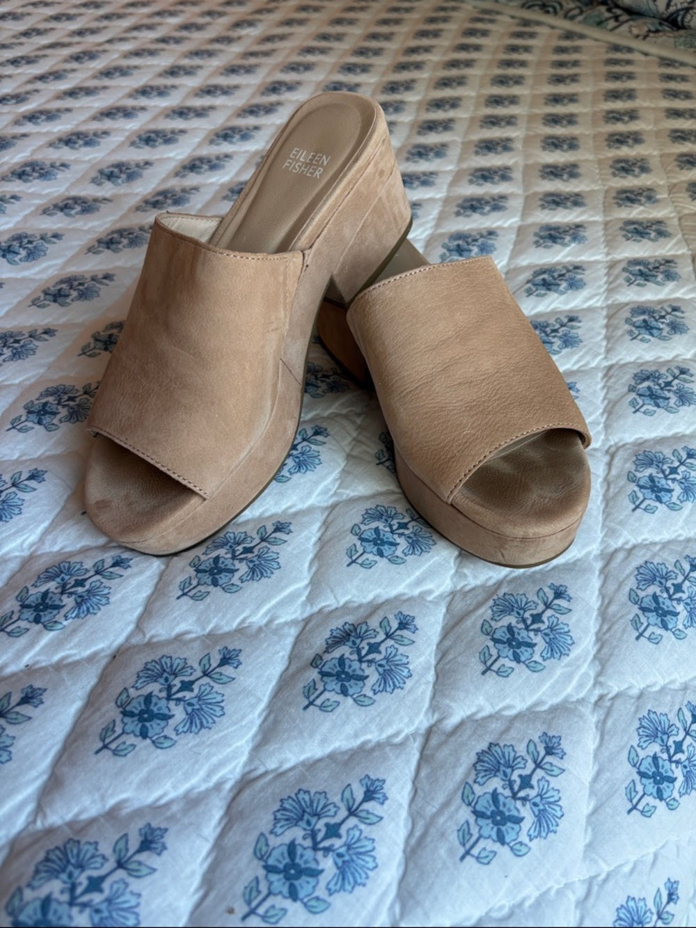 Eileen Fisher Neutral Tan Suede Open-Toe Block Heel Mules